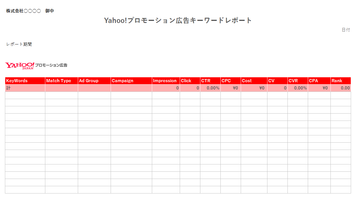 リスティング広告キーワードレポート　テンプレート